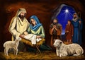 Christmas story. Christmas night, Mary, Joseph and the baby Jesus, Son of God , symbol of Christianity art illustration