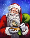 Christmas story. Santa Claus is holding a Christmas snowglobe, Christmas night, Mary, Joseph and the baby Jesus, Son of Royalty Free Stock Photo