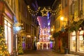 Christmas street at night in Colmar, Alsace, France Royalty Free Stock Photo