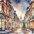 Christmas street, Ornamental watercolor, clipart - 1