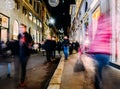 Christmas street and store ornaments on famous fashion street Via Montenapoleone, in Milan. Royalty Free Stock Photo