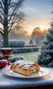 A Christmas Strudel, Steam Rising, Against A Backdrop Of A Frosty Garden, At Sunrise. Generative AI Royalty Free Stock Photo