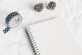 Christmas styled stock photo. Notebook, diary mockup. Still life with washi tape, larch cones on white linen background