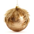 Christmas stylish golden bauble with feathers isolated on white background. Generative AI