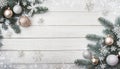 Christmas, subdued background, with fir branches decorated with baubles, pine cones, snowflakes and a place to write Royalty Free Stock Photo