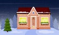Christmas suburban house with a garland and snow on a dark background. A winter house with a landscape. Christmas landscape with Royalty Free Stock Photo