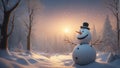 Christmas sunset, comic snowman in the forest. AI Generated