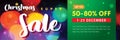 Sale banner, Christmas super sale up to 50-80% off, colorful bokeh background with snowflake. Handwritten font, horizontal Royalty Free Stock Photo