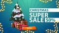 Christmas super sale, up to 50% off, blue discount banner with Christmas tree in a pot with gifts and orange button Royalty Free Stock Photo