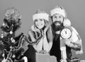 Christmas surprise and love concept. Man with beard and woman