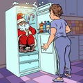 Christmas surprise. Santa Claus hides in the refrigerator and is found by a woman. Seasonal sales of household