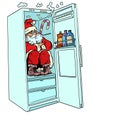 Christmas surprise. Santa Claus is hiding in the refrigerator. Seasonal sales of household appliances.