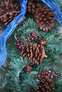 Christmas swag of pine branches with pinecones, copper bells, red berries and a blue ribbon