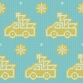 Christmas sweater with gingerbread Christmas trucks carrying christmas trees knitted seamless pattern