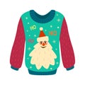 Christmas sweater with ugly print. Woolen jumper with Santa Claus pattern, pullover stylish winter holiday season design