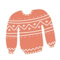 Christmas sweater, ugly winter handmade sweater, seasonal knitted pullower with decorations. Freehand isolated element