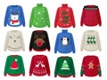 Christmas sweaters. Funny ugly clothes with christmas decoration vector cartoons