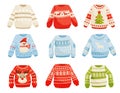 Christmas sweaters set, warm knitted jumper with cute ornaments vector Illustration on a white background Royalty Free Stock Photo