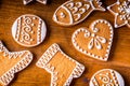 Christmas sweet cakes. Christmas homemade gingerbread cookies on wooden table Royalty Free Stock Photo