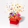 Christmas sweet gift box. Explosion of paper confetti. Open 3d-red box with yum, candy, jelly, sweets. Festive surprise