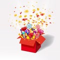 Christmas sweet gift box. Open 3d-red box with yum, candy, jelly, sweets. Blast of paper confetti. Festive surprise with