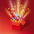 Christmas sweet gift box. Open 3d-red box with yum, candy, jelly, sweets. Blast of paper confetti. Festive surprise with