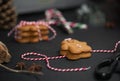 Christmas sweet gift concept: gingerman cookies, pinecones, candycane on black background with red-and-white string. Selective