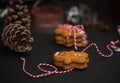 Christmas sweet gift concept: gingerman cookies, pinecones, candycane on black background with red-and-white string. Selective