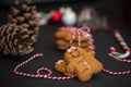 Christmas sweet gift concept: gingerman cookies, pinecones, candycane on black background with red-and-white string. Selective