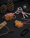 Christmas sweet gift concept: gingerman cookies, pinecones, candycane on black background with red-and-white string. Selective