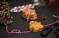 Christmas sweet gift concept: gingerman cookies, pinecones, candycane on black background with red-and-white string. Selective