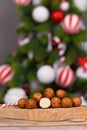 Christmas sweets called `Marzipankartoffeln`. Round ball shaped almond paste pieces Royalty Free Stock Photo