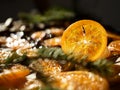 Christmas sweets, candied fruits in chocolate. Caramelized Orange Slices in Bright Sunlight. Close-up. Homemade dessert. Decor -