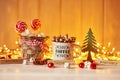 Christmas sweets candy and marshmallows on the table