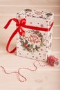 Gift box with New Year`s decor on Christmas