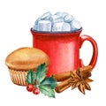 Christmas sweets, cookies, macaroons, marshmallows and cacao. Watercolor illustrations