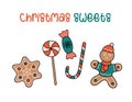 Christmas sweets doodle set. Vector collection of homemade traditional desserts. Decorated gingerbread, ginger man, lollipop and Royalty Free Stock Photo