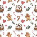 Christmas sweets and food seamless pattern. Watercolor gingerbread cookies and cake on white background Royalty Free Stock Photo