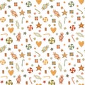 Christmas Sweets seamless pattern with candy, lollipop, gingerbread, cookies, gifts and stars.