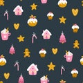 Christmas sweets seamless pattern. Vector hand-drawn illustration of cupcakes, gingerbread cookies of different shapes and shapes Royalty Free Stock Photo