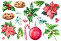 Christmas symbol, decorative elements. Watercolor poinsettia flowers, holly branches, lollipop, cookies, balls