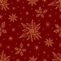 Christmas symbols from ornament elements and snowflakes vector seamless pattern. Stylized gold poinsettia, holly, anise Royalty Free Stock Photo