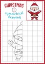 Christmas symmetrical drawing worksheet. Complete Santa Claus picture. Vector winter holiday writing practice worksheet. Printable