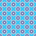Christmas symmetrical pattern. Seamless pattern with navy blue stars and white snowflakes on a light blue background. Geometric Royalty Free Stock Photo
