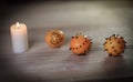 Christmas table. candle and decorated with oranges on wooden ba Royalty Free Stock Photo