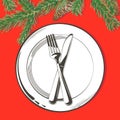 Vector Christmas table decorating setting. Festive cutlery set: fork, knife, empty plate on tablecloth with spruce Royalty Free Stock Photo