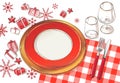 Vector Christmas table decorating setting. Festive cutlery set: fork, knife, empty plate on tablecloth with spruce Royalty Free Stock Photo