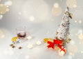 Christmas table decoration banner. White hand made fir. Craft paper red gift boxes recycle materials candle lights glass Royalty Free Stock Photo