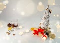 Christmas table decoration banner. White hand made fir. Craft paper red gift boxes recycle materials candle lights glass Royalty Free Stock Photo