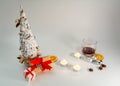 Christmas table decoration banner. White hand made fir. Craft paper red gift boxes recycle materials candle lights glass Royalty Free Stock Photo